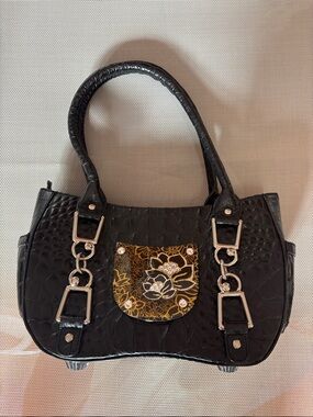 Debbie Brooks Black Croc-Embossed Women's Handbag with Gold Floral Accent